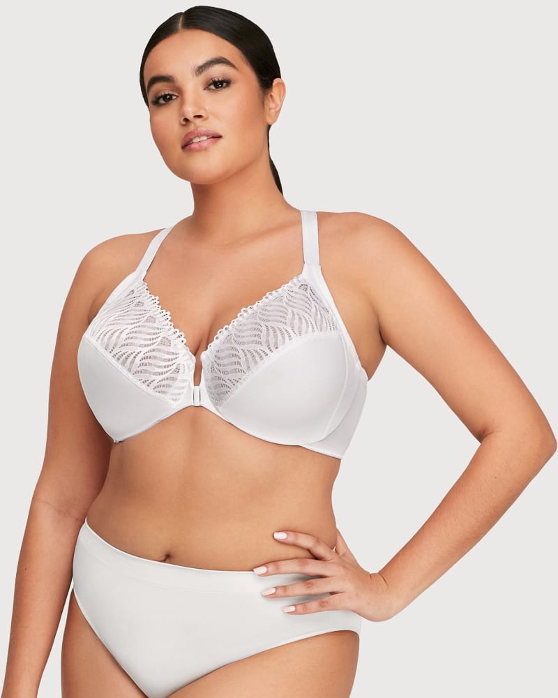 Front of a model wearing a size 48G Front-Closure T-Back WonderWire Bra in White by Glamorise. | dia_product_style_image_id:262726